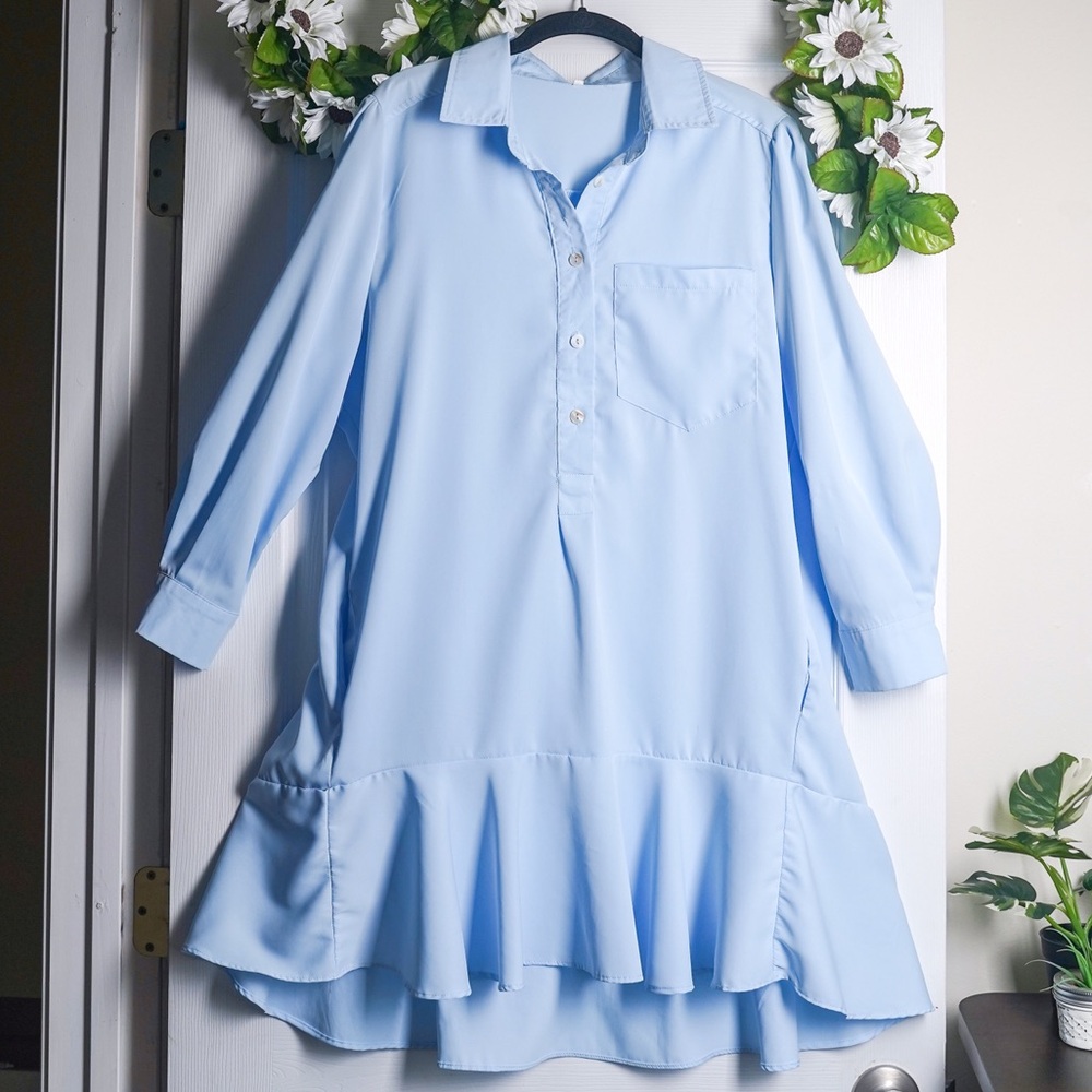 Light Blue Shirt Dress Tiered Skirt Ruffle Hem Drop Waist size L